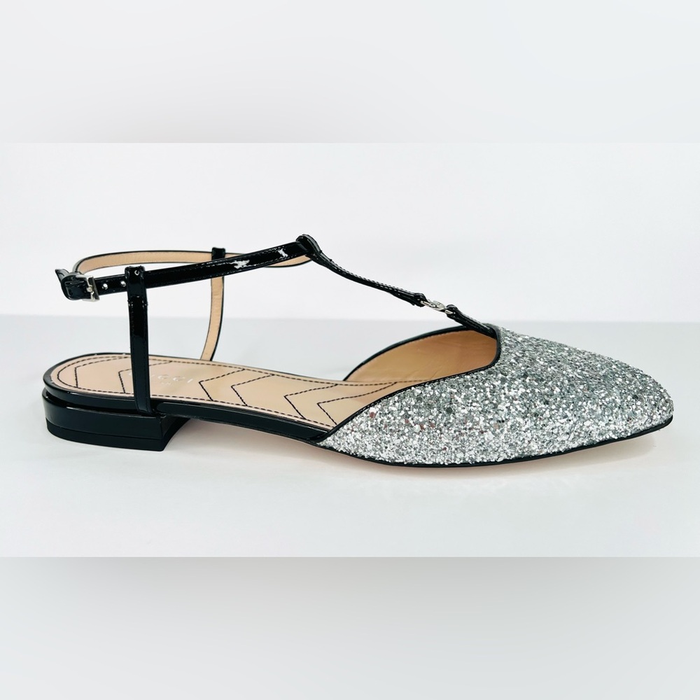 GUCCI PETITE GG SLINGBACK SILVER GLITTER PATENT CHARLOTTE FLATS SIZE EU 40 - Picture 8 of 9